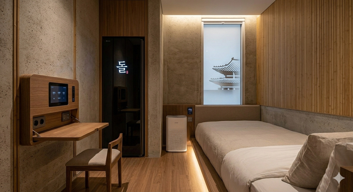 Private room with warm wood, ondol floor and a slim window