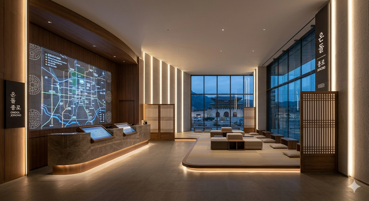 Reception lounge with a lit city map and a raised seating platform