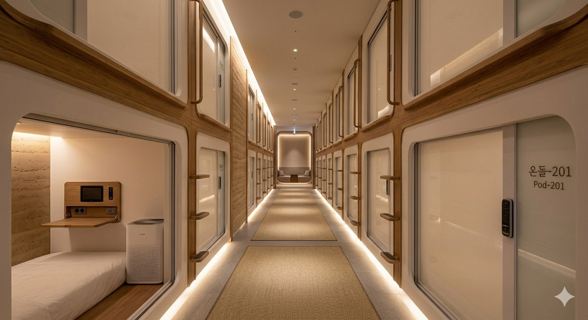 Capsule corridor with warm oak berths, lit softly along the floor