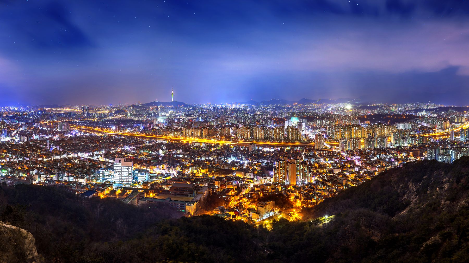 Seoul at night seen from a hillside, city lights spreading to the horizon.